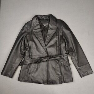 Black 100% Leather Jacket Mens‎ Size Large Belted W/ Pockets Single Button Coat